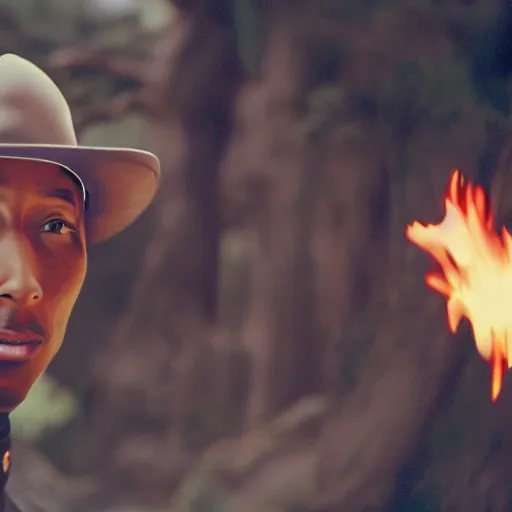 Image similar to cinematic film still Pharrell Williams starring as a Samurai holding fire, Japanese CGI, VFX, 2003, 40mm lens, shallow depth of field,film photography