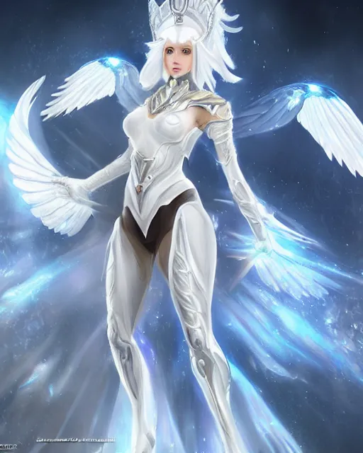 Image similar to perfect white haired attractive egyptian goddess with huge white dove wings, warframe armor, beautiful, symmetric, dreamy, half asian, pretty face, blue eyes, detailed, scifi platform, laboratory, experiment, 4 k, ultra realistic, epic lighting, android body, illuminated, cinematic, masterpiece, art by akihito tsukushi, voidstar