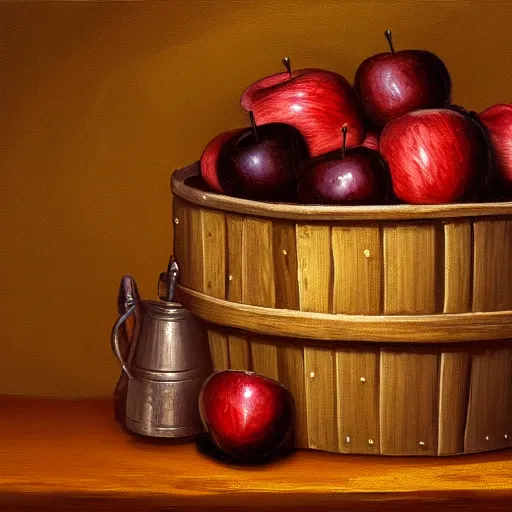 Prompt: oil painting of a barrel of apples in a tavern im medieval setting, low light, dwarves, HD, 4K, digital art
