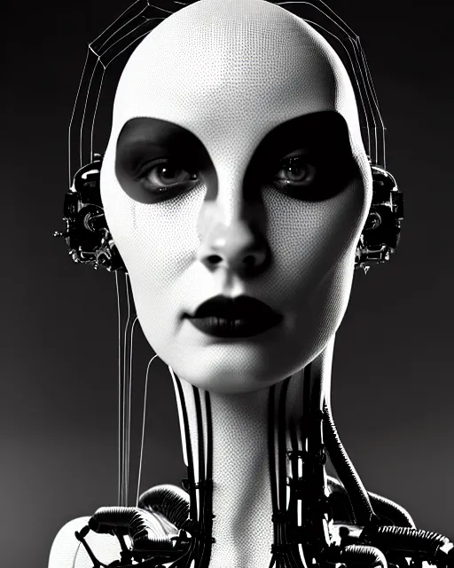 Image similar to black and white cyborg-plant goddess high quality photo, artificial intelligence, bio-mechanical bio-luminescence, artificial spider web, neurons, nerve cells, octane render, cinematic, rim light, hyper realism, photo-realistic, high detail, 8k, in the style of Steven Meisel and Dora Maar and H.G. Giger