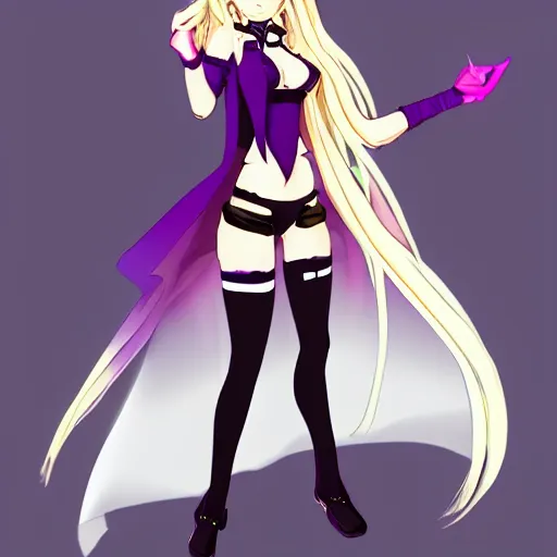 Prompt: fighter anime girl with purple eyes, long blonde hair wearing a tuxedo in a fighting stance, digital art, artstation, visual novel sprite