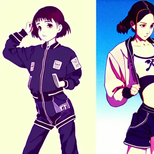 Image similar to a beautiful! boyish! natalie portman alluring gravure! model, wearing oversized mayan bomber jacket and leotard with overalls, bulky poofy bomber jacket with mayan patterns, aztec street fashion, gapmoe yandere grimdark, trending on pixiv fanbox, painted by greg rutkowski makoto shinkai takashi takeuchi studio ghibli