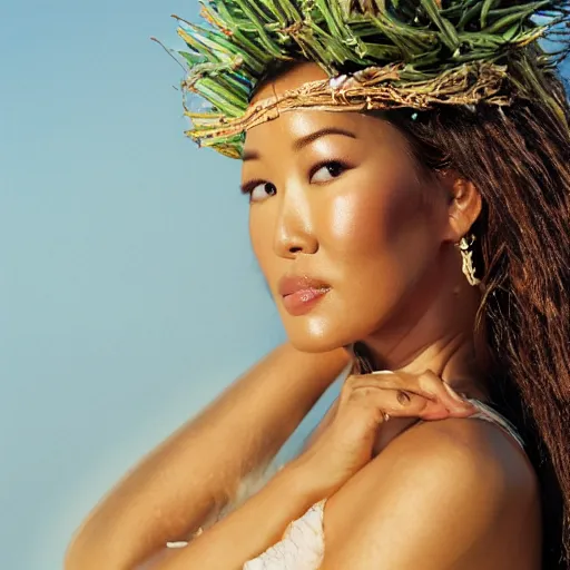 Prompt: A analog head and shoulder frontal portrait photography of Kimora Lee Simmons wearing an intricate twig crown by Annie Leibovitz, long messy hair, eyes closed, soft gradient pastel color background, backlit. Kodak Color Plus 200 film, tropical mood, detailed, hq, realistic, warm light, muted colors. lens flare. photoreal. Leica M9.