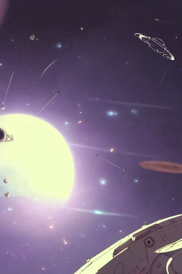 Image similar to a spacecraft moving towards earth by moebius and makoto shinkai, cinematic composition, wide shot