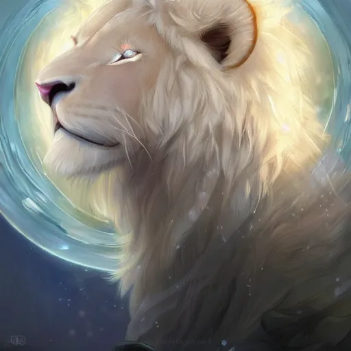 Prompt: aesthetic portrait commission of a albino male furry anthro lion floating and sleeping inside a soap bubble while opening its third eye in the blue cloudy sky, minimalistic sky Atmosphere, hyperdetailed. Character design by charlie bowater, ross tran, artgerm, and makoto shinkai, detailed, inked, western comic book art, 2021 award winning painting
