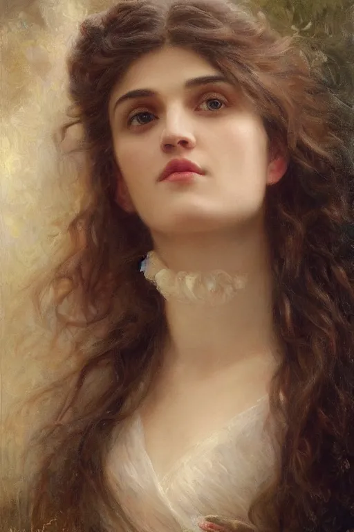 Prompt: portrait en buste of katie mcgrath by mark arian, by hughes merle, by pierre auguste cot, perfectly detailed eyes, oil on canvas, abundant detail, realism, bold mood