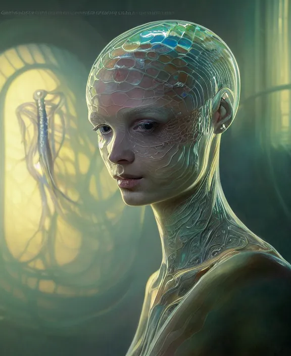 Image similar to intricate opalescent transparent portrait of a disturbing beautiful alien snake creature, mottling coloring, adorable, childlike, medical equipment hospital environment, ultra realistic, concept art, art nouveau, photorealistic, octane render, 8 k, unreal engine. art by christopher marley and artgerm and greg rutkowski and alphonse mucha