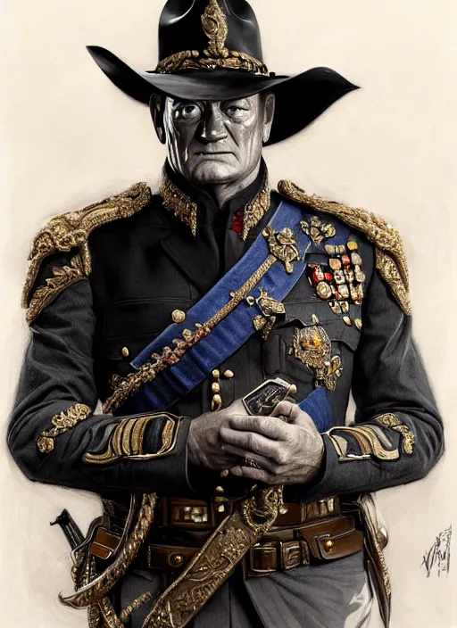 Image similar to portrait of supreme leader john wayne, royalty, extravagant, lord, full body, military uniform, fantasy, intricate, elegant, beautiful, highly detailed, charcoal, centered, dark, smokey, digital painting, artstation, concept art, art by artgerm and greg rutkowski and alphonse mucha