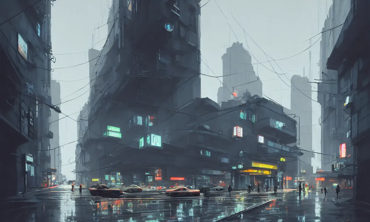 Prompt: photorealistic streetscape, simple brutalist architecture, metal, concrete, wet streets, white neon lights, neon signs, flying vehicles, pedestrians, greg rutkowski, syd mead, ralph mcquarrie, concept art, matte painting, finely detailed, minimal artifacts, rule of thirds, dynamic lighting, cinematic, denoised, centered, artstation