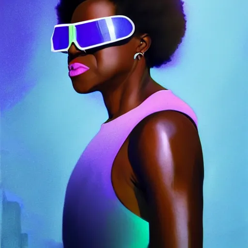 Image similar to viola davis wearing opaque reflective goggles profile picture by Greg Rutkowski, brown skin, long afro hair, asymmetrical, futuristic, neon volumetric lights, cool colors, streetwear, studio ghibli, Organic Painting , Matte Painting, geometric shapes, hard edges, street art, trending on the artstation, fantasy LUT, realistic by Sachin Teng + Martin Grip + Moebius, techwear, Industrial Scifi, detailed illustration, character portrait,