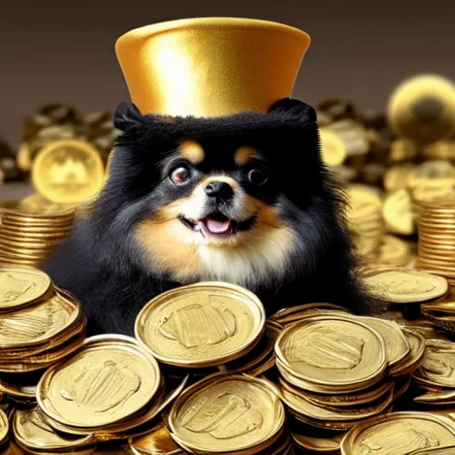 Image similar to A pomeranian wearing a top-hat, sitting on top of a large pile of gold coins