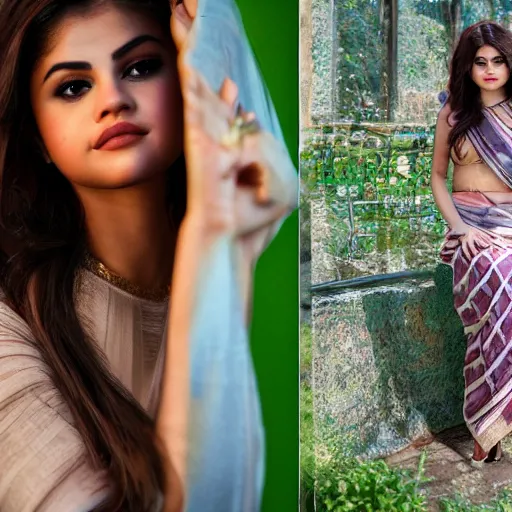 Prompt: Portrait of selena gomez wearing assamese bihu mekhela sleeveless silk saree, face by Artgerm, XF IQ4, 250MP, 50mm, F1.4, ISO 200, 1/250s, natural light and skin tone, Adobe Lightroom, photolab, Affinity Photo, PhotoDirector 365, model photography by Steve McCurry in the style of Annie Leibovitz, HDR, intricate, elegant, highly detailed,sharp focus
