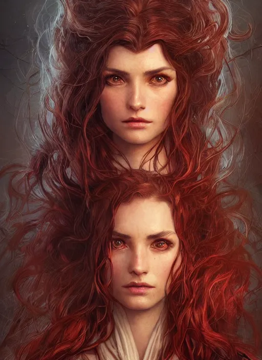 Image similar to vertical portrait of a ruggedly handsome female cleric, soft hair, close - up face, leather, witchy, d & d, fantasy, intricate, elegant, highly detailed, digital painting, artstation, concept art, smooth, sharp focus, illustration, art by artgerm and greg rutkowski and alphonse mucha, plain red background