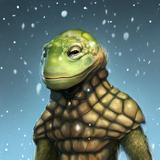 Image similar to anthropomorphic turtle humanoid, carapace, wlop, blizzard, winter, night, furs, fantasy