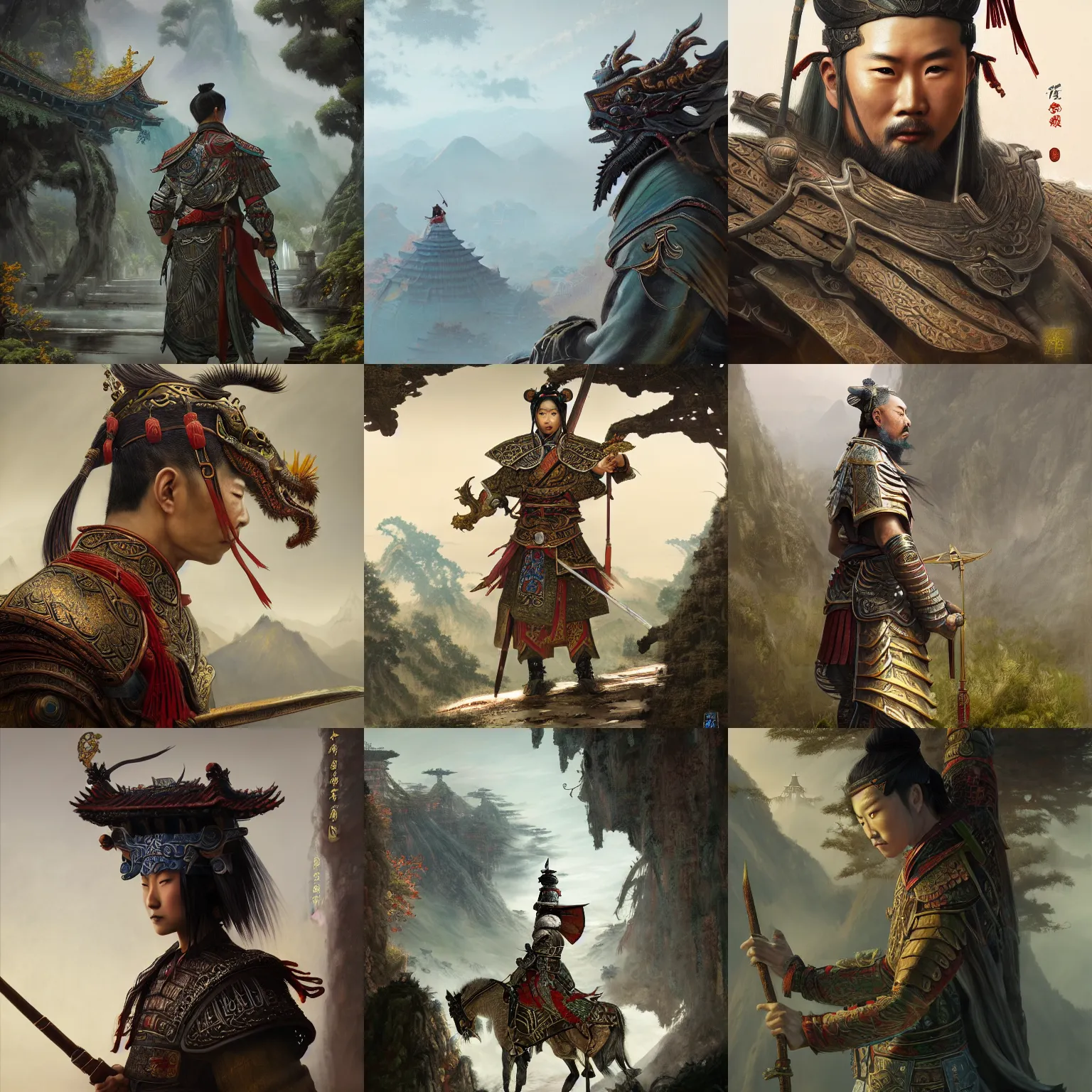 Prompt: painting of a chinese ancient warrior looking into distance, beautiful sophisticated intricate background, godray on plants, fantasy digital art, fantasy style art, fantasy game art by greg rutkowski, zhang yimou, lung dragon, cinematic lighting, 4 k, concept art