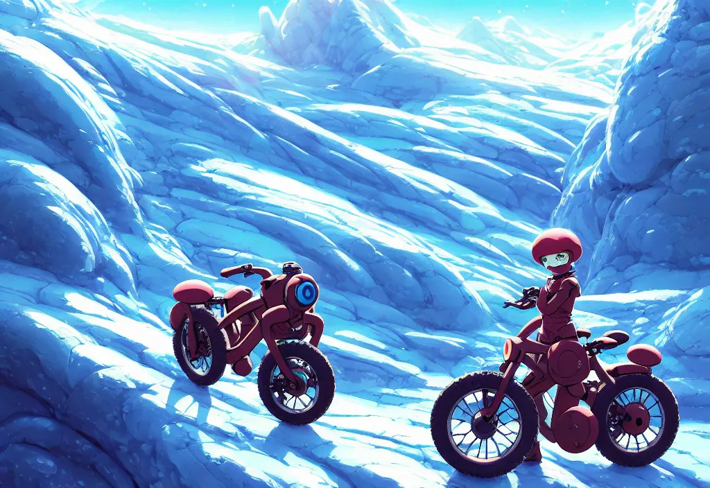 Image similar to a small chubby futuristic bike on a glacier on an alien planet, intricate oil painting, high detail illustration, sharp high detail, manga and anime 1 9 9 9, official fanart behance hd artstation by jesper ejsing and makoto shinkai, 4 k,