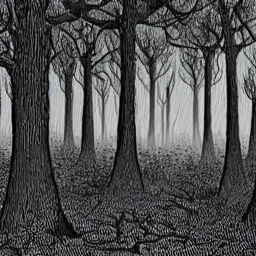 Prompt: endless forest of trees, highly detailed, ominous, vast