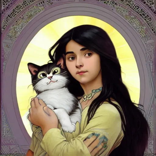 Image similar to cute emo peruvian woman, with long dark hair, thick eyebrows!!! dark eyes and dark circles!, wide nose!!!, big eyes, oval face shape, big cheeks!, she is holding a cat in her arms, by juan villafuerte, greg rutkowski and alphonse mucha, pexels contest winner, high quality photo, hd rtx