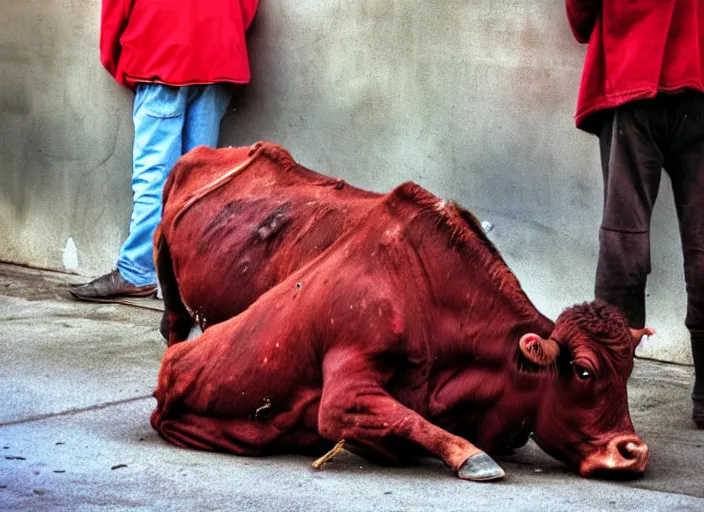 Image similar to photo dirty old homeless kissing red cow