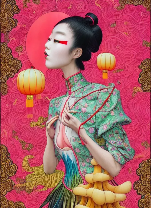 Image similar to pretty chinese model with hallucination mushroom : : by martine johanna and simon stalenhag and chie yoshii and casey weldon and wlop : : ornate, dynamic, particulate, rich colors, intricate, elegant, highly detailed, vogue, harper's bazaar art, fashion magazine, smooth, sharp focus,