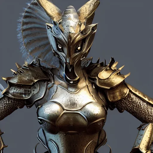 Image similar to highly detailed realistic stunning shot of a beautiful anthropomorphic female knight but as a hot dragon, doing a majestic pose, well designed female dragon head, armor made of steel, sharp claws, HD octane render, epic cinematography, fantasy, Artstation, Deviantart, Furaffinity