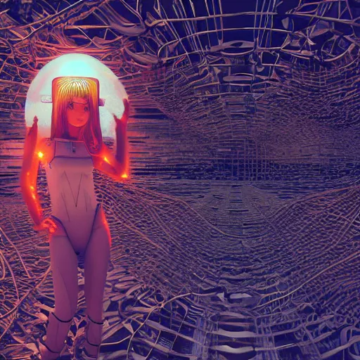 Image similar to space station on the moon, piles of modular synth cables mixed with mangrove roots, kawaii puerto rican goddess staring through your soul wearing a headpiece made of circuit boards, by makoto shinkai and stanley kubrick, unique perspective, eastman color, trending on artstation, cinematic, 3 d render, muted neon