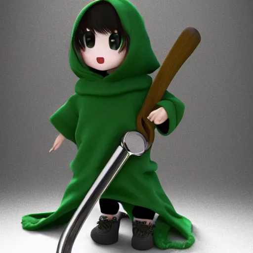 Image similar to cute fumo plush of a girl in a green hoodie with a giant wrench, vray