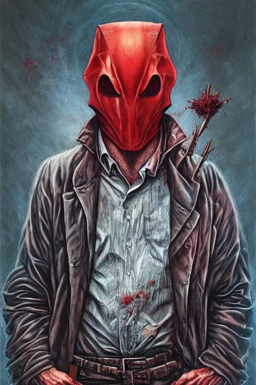 Image similar to red hood. art by tomasz alen kopera and glenn fabry in the style of true detective.