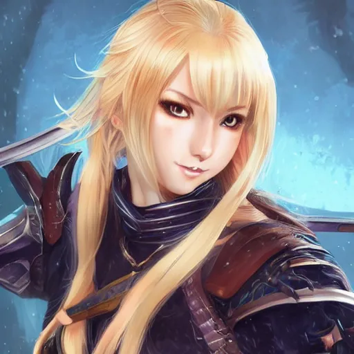 Image similar to An anime portrait of Enji Night as a blonde huntress from Skyrim, by Stanley Artgerm Lau, WLOP, Rossdraws, James Jean, Andrei Riabovitchev, Marc Simonetti, and Sakimichan, tranding on artstation