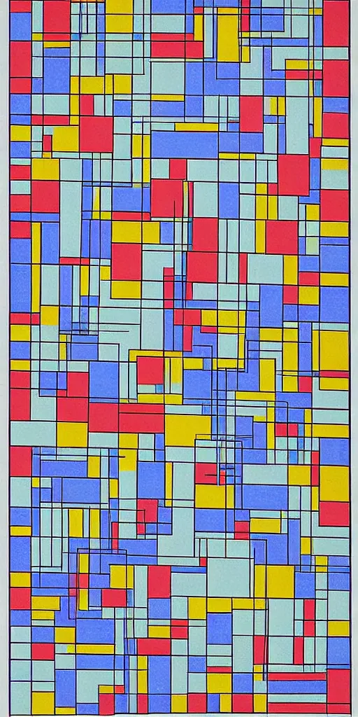 Image similar to minimalist map of symmetrical colorful squares by Piet Mondrian, hyper detailed, geometric