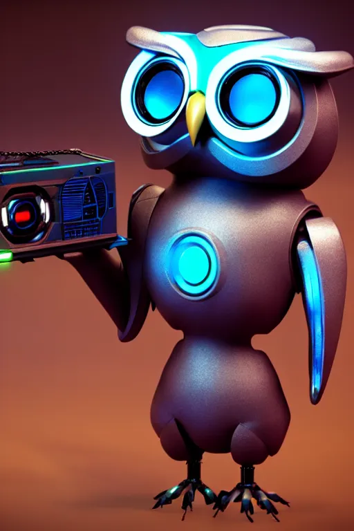 Image similar to high quality 3 d render very cute cyborg owl! with boombox!, cyberpunk highly detailed, unreal engine cinematic smooth, in the style of blade runner & detective pikachu, hannah yata charlie immer, moody light, low angle, uhd 8 k, sharp focus