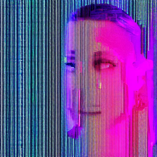 Prompt: video processing vhs glitch art in the silhouette of a woman, ethereal glow,