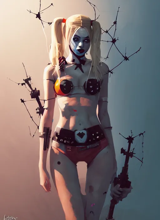 Image similar to portrait of cute harley quinn girl with crown of thorns in cyber bikini armor, warhammer, cyberpunk, by atey ghailan, by greg rutkowski, by greg tocchini, by james gilleard, by joe gb fenton, by kaethe butcher, dynamic lighting, gradient light blue, brown, blonde cream and white color in scheme, grunge aesthetic