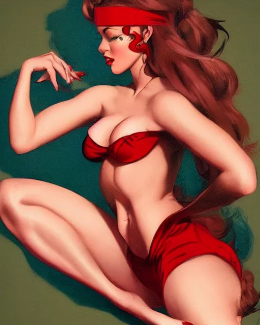 Image similar to in the style of artgerm and Andreas Rocha and Gil Elvgren and Joshua Middleton and Gil Elvgren, full body pin-up modeling of pretty young woman with dreadlocks, symmetrical face, red paint strip across eyes, natural lighting, warm colors, american postcard art style, pin-up postcard