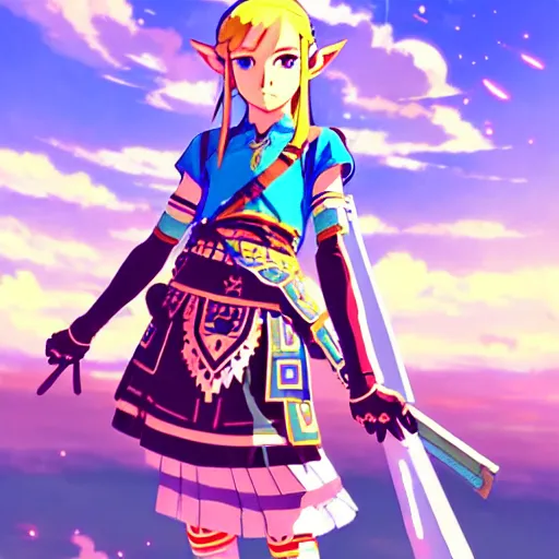 Image similar to a beautiful! young feminine link from botw, wearing japanese catholic school girl outfit with mayan pattern and native style, aztec street fashion, guilty gear art direction, perfect anime face, gapmoe yandere grimdark, trending on pixiv fanbox, painted by greg rutkowski makoto shinkai takashi takeuchi studio ghibli, akihiko yoshida