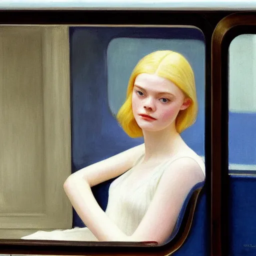 Image similar to Painting of Elle Fanning in a train, long blonde hair, delicate, pale milky white porcelain skin, by Edward Hopper. 8K. Extremely detailed.