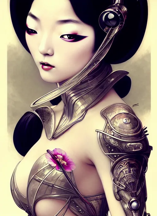 Image similar to Japanese geisha, glamorous moon, seductive eyes and face, elegant, lascivious pose, very detailed face, studio lighting, photorealism, wearing futuristic armor , portrait by Magali Villeneuve and Steve Argyle,Livia Prima,Mucha,dress,fantasy art,beautiful,artstation,trending on artstation,intricate details,alluring,masterpiece