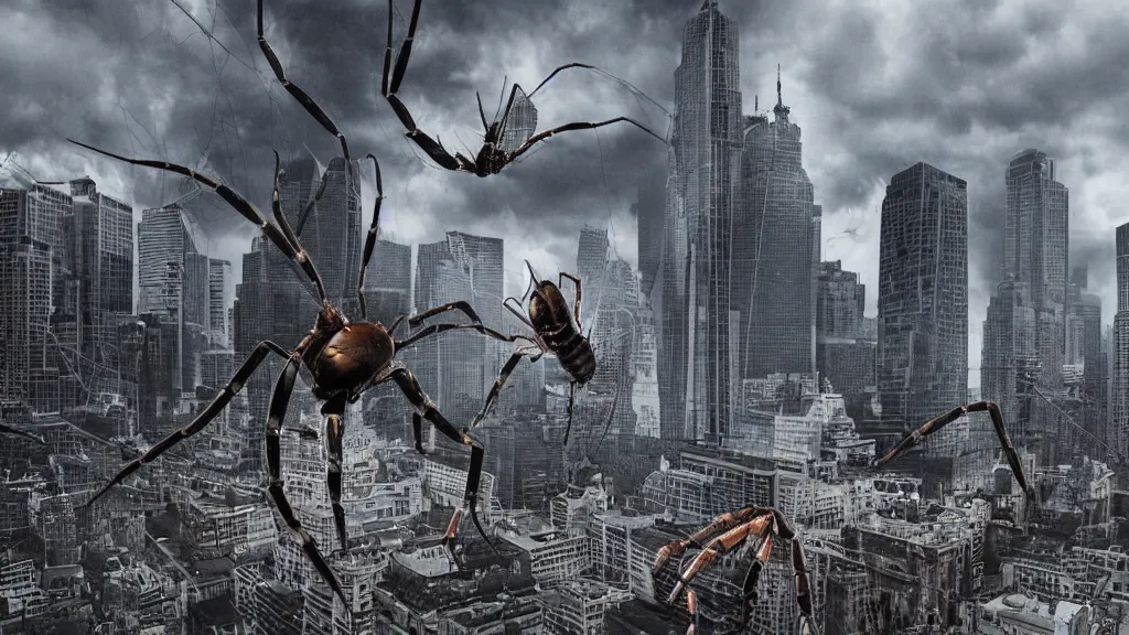 Image similar to giant arachnids attacking the city, photography, realistic, arachnophobia