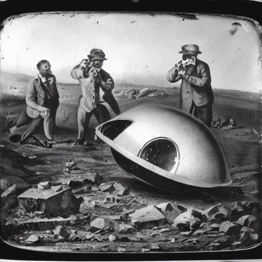 Image similar to daguerreotype of scientists examining a crashed ufo, hyper realistic,