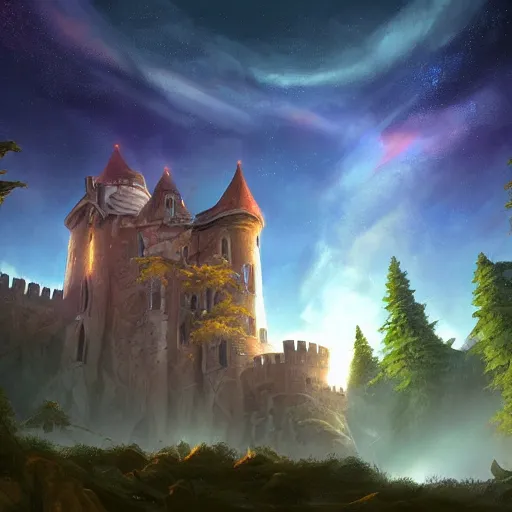 Image similar to a renaissance castle in a forest with a glowing night sky, upward angle, by tyler edlin