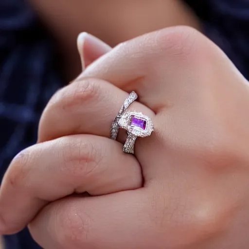 Image similar to A woman wearing a diamond ring with a gemstone as large as a basketball