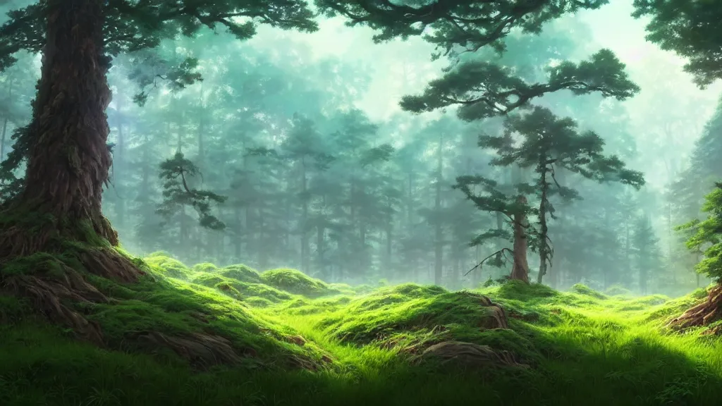 Image similar to forest clearing landscape, studio ghibli, pixar and disney animation, sharp, rendered in unreal engine 5, highly detailed, digital painting, artstation, concept art, smooth, sharp focus, illustration, wide angle, artbook, wallpaper, splash art, promo art, dramatic lighting, art by artgerm and greg rutkowski and bo chen and jin xiaodi