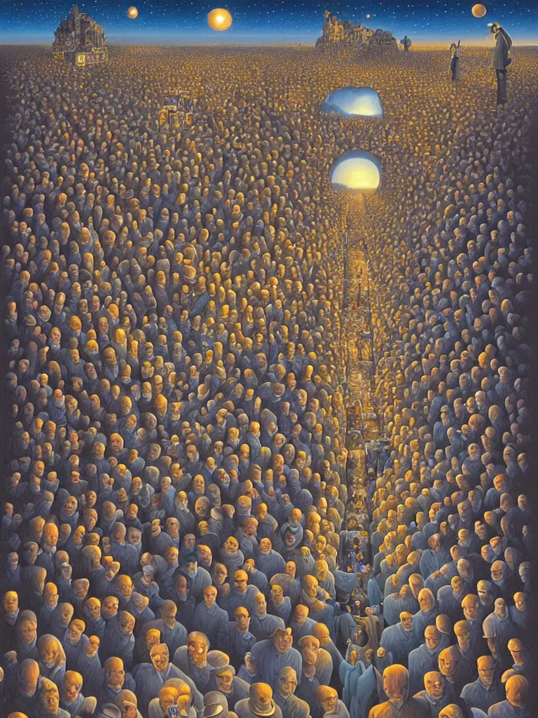 Image similar to A crowded street extending into the night sky, matte painting by Rob Gonsalves, in the style of Salvador Dalí, surrealism, magic realism, optical illusion art