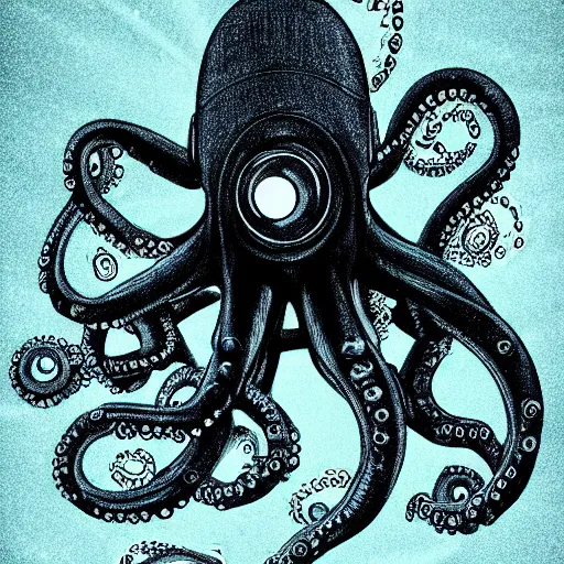 Image similar to a robot cyborg octopus, half octopus half machine, glowing eyes, underwater, murky, dark, ominous, film still