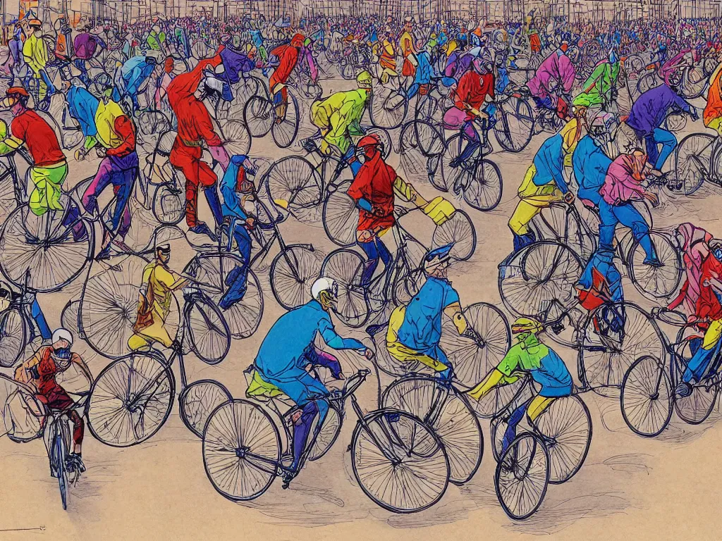 Image similar to masked riders on very large bicycles playing bike polo, sport, in style of moebius, by jean giraud, highly detailed, harsh daylight, colorful