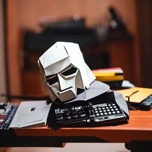 Image similar to a photograph of an origami of mf doom playing a roland sp 4 0 4 on top of a wooden table