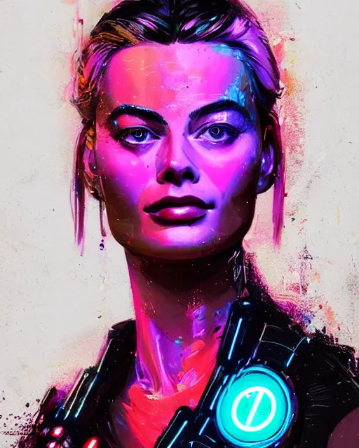 Prompt: detailed portrait Margot Robbie Neon Operator Girl, cyberpunk futuristic neon, reflective puffy coat, decorated with traditional Japanese ornaments by Ismail inceoglu dragan bibin hans thoma greg rutkowski Alexandros Pyromallis Nekro Rene Maritte Illustrated, Perfect face, fine details, realistic shaded, fine-face, pretty face