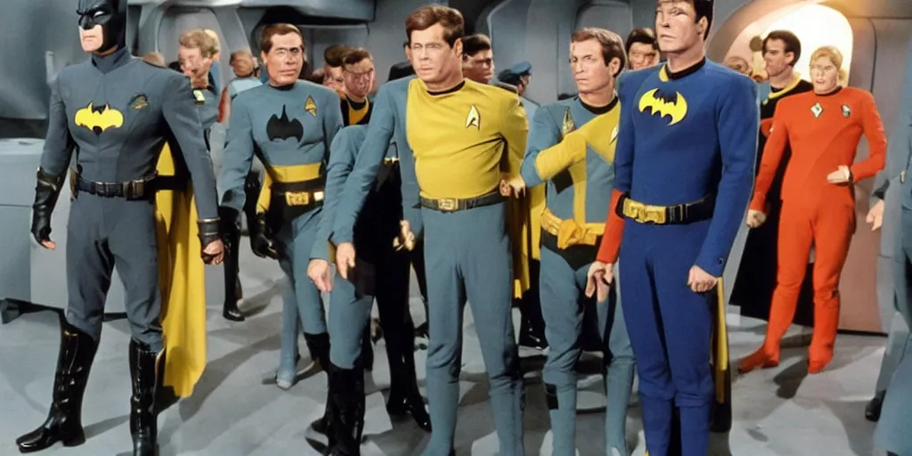 Image similar to ((Batman)) in Starfleet!!! uniform, in the role of Captain Kirk in a scene from Star Trek the original series