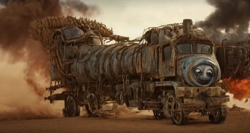 Prompt: still frame of rusty punk Thomas the Tank Engine in MAD MAX: FURY ROAD (2015)