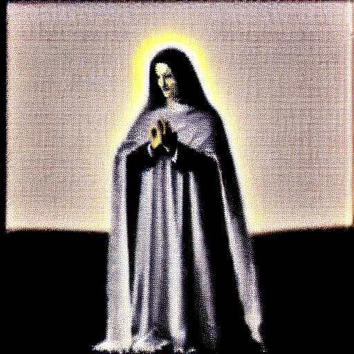 Image similar to vhs static overlay of marian apparition, vhs, 1 9 9 0, highly realistic, highly detailed, vhs noise static, black and white, vhs glitch